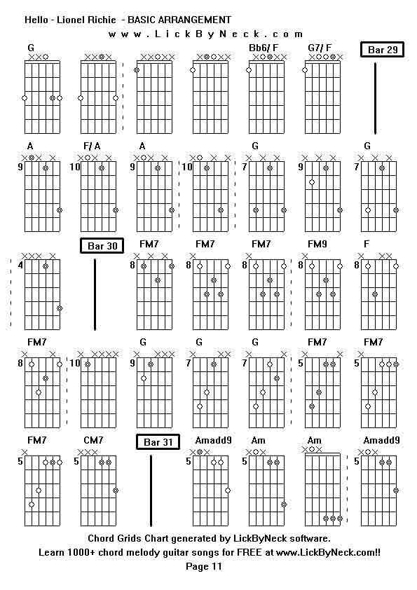 Chord Grids Chart of chord melody fingerstyle guitar song-Hello - Lionel Richie  - BASIC ARRANGEMENT,generated by LickByNeck software.